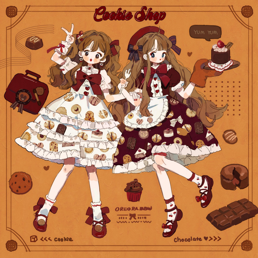 2girls, :o, ahoge, animal_print, apron, artist_name, badge, bear_print, beret, black_bow, blue_eyes, blush_stickers, bow, bowtie, bridal_garter, briefcase, brown_bag, brown_footwear, brown_hair, brown_shirt, brown_skirt, buttons, cake, candy, center_frills, cherry_earrings, cherry_print, chocolate, chocolate_bar, chocolate_cake, collar, collared_shirt, commentary, commission, cookie_hair_ornament, cookie_print, cross-laced_footwear, earrings, english_commentary, english_text, eyelashes, eyeshadow, food, food-themed_earrings, food-themed_hair_ornament, food_print, footwear_bow, fork, frilled_apron, frilled_shirt_collar, frilled_skirt, frills, fruit, full_body, hair_bow, hair_bun, hair_ornament, hand_on_another's_arm, hand_up, hat, heart, heart_button, heart_earrings, high_heels, highres, holding, holding_fork, holding_plate, jewelry, lace-trimmed_sleeves, lace_trim, layered_skirt, lolita_fashion, long_hair, looking_at_viewer, makeup, medium_skirt, mittens, multiple_girls, napkin, neck_ribbon, open_mouth, orange_background, orange_mittens, original, oven_mitts, plate, puffy_short_sleeves, puffy_sleeves, pumps, putong_xiao_gou, red_bow, red_bowtie, red_eyeshadow, red_footwear, red_garter_belt, red_headwear, red_lips, ribbon, shirt, short_sleeves, single_mitten, single_side_bun, skirt, skirt_set, socks, speech_bubble, strawberry, strawberry_hair_ornament, striped, striped_bow, teeth, two_side_up, upper_teeth_only, v, waist_apron, wavy_hair, white_apron, white_collar, white_ribbon, white_shirt, white_skirt, white_socks