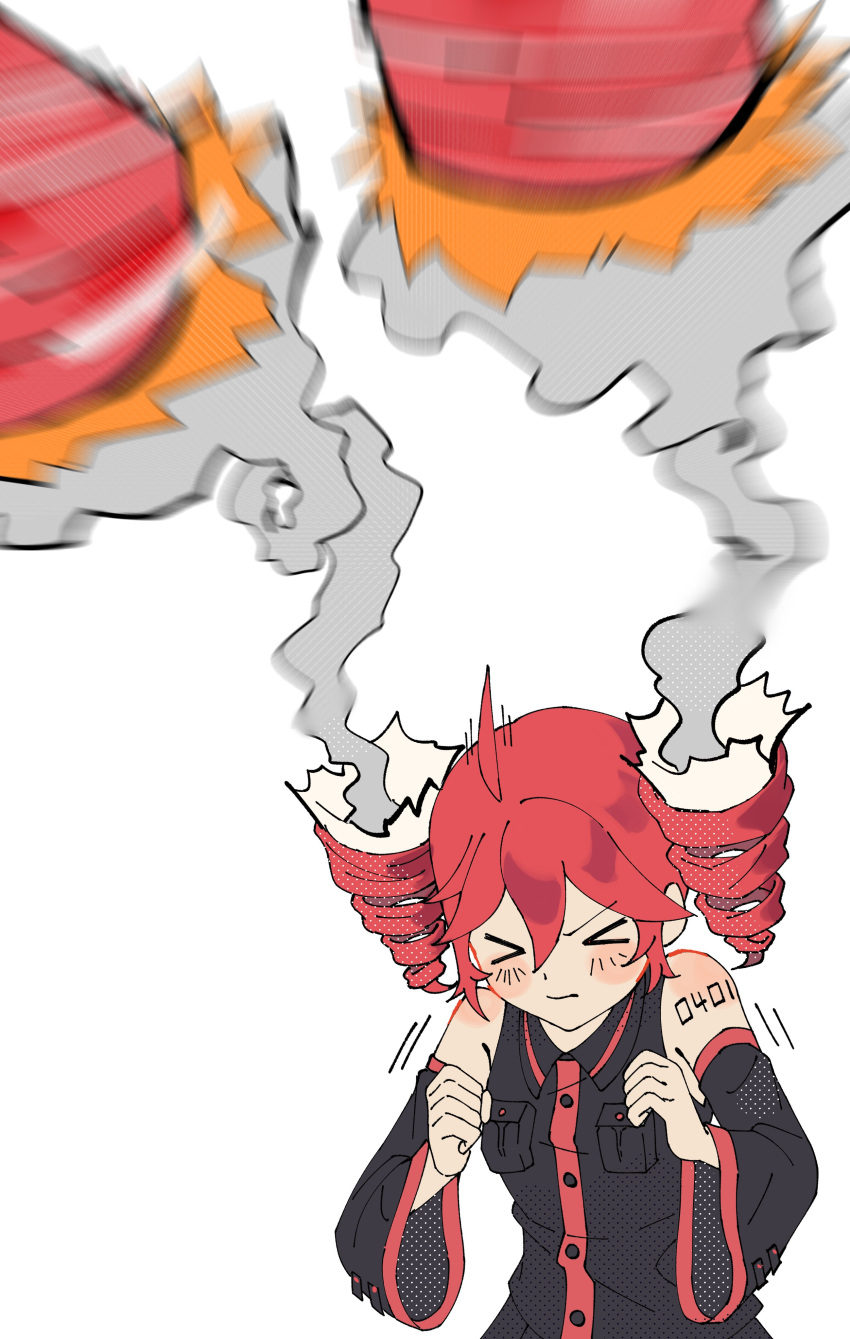 >_<, 1girl, absurdres, ahoge, black_hair, black_shirt, black_sleeves, clenched_hands, collared_shirt, commentary_request, detached_sleeves, drill_hair, hair_weapon, halftone, highres, kasane_teto, missile, motion_blur, number_tattoo, redhead, senri_(hrydy_o), shirt, shoulder_tattoo, simple_background, smoke_trail, solo, tattoo, twin_drills, twintails, upper_body, upright_ahoge, utau, white_background, wide_sleeves