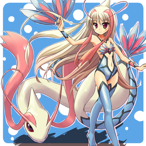 1girl, center_opening, female, long_hair, lowres, milotic, moemon, navel