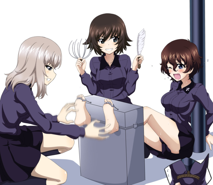 3girls, akaboshi_koume, barefoot, blonde_hair, blue_eyes, blush, bound, breasts, brown_hair, feathers, feet, girls_und_panzer, grin, hida_ema, highres, itsumi_erika, key_(gaigaigai123), kuromorimine_school_uniform, large_breasts, laughing, medium_hair, multiple_girls, school_uniform, short_hair, simple_background, small_breasts, smile, soles, tears, tickling, tied_up_(nonsexual), toes, white_background