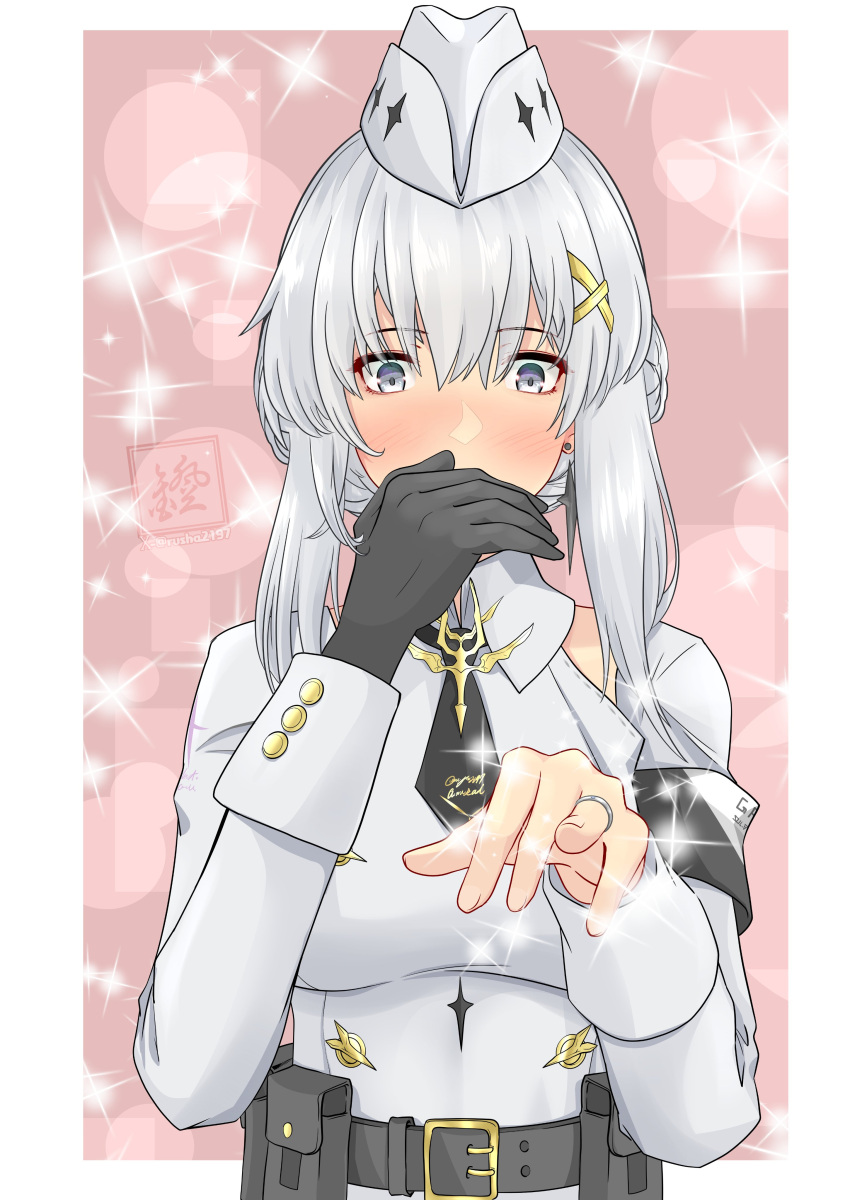 1girl, absurdres, belt, belt_pouch, black_belt, black_gloves, black_necktie, blush, braid, collared_dress, dress, earrings, french_braid, garrison_cap, gloves, grey_eyes, grey_hair, hair_between_eyes, hair_ornament, hat, highres, jewelry, liv:_empyrea_(punishing:_gray_raven), liv_(punishing:_gray_raven), long_sleeves, necktie, pouch, punishing:_gray_raven, ring, rusha2197, short_hair_with_long_locks, single_glove, solo, translation_request, wedding_ring, white_dress, white_headwear, x_hair_ornament