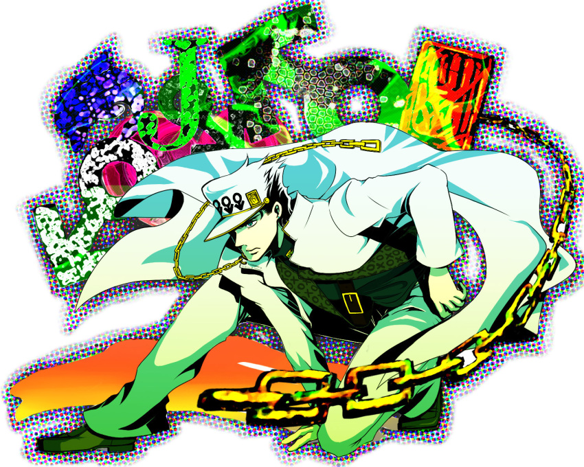 aqua_eyes, black_hair, chain, hat, highres, jojo_no_kimyou_na_bouken, kuujou_joutarou, long_coat, male, solo, suzuagi
