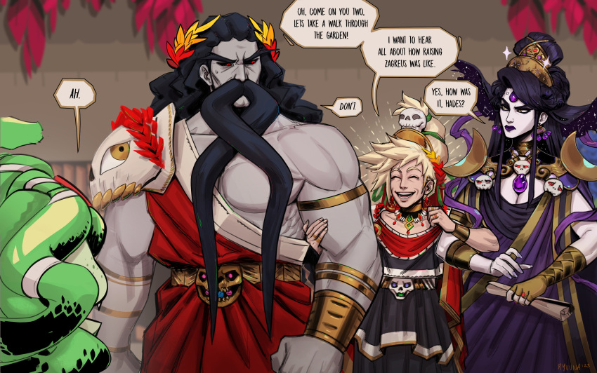1boy, 3girls, ^_^, absurdres, ancient_greek_clothes, bisexual_female, black_hair, black_sclera