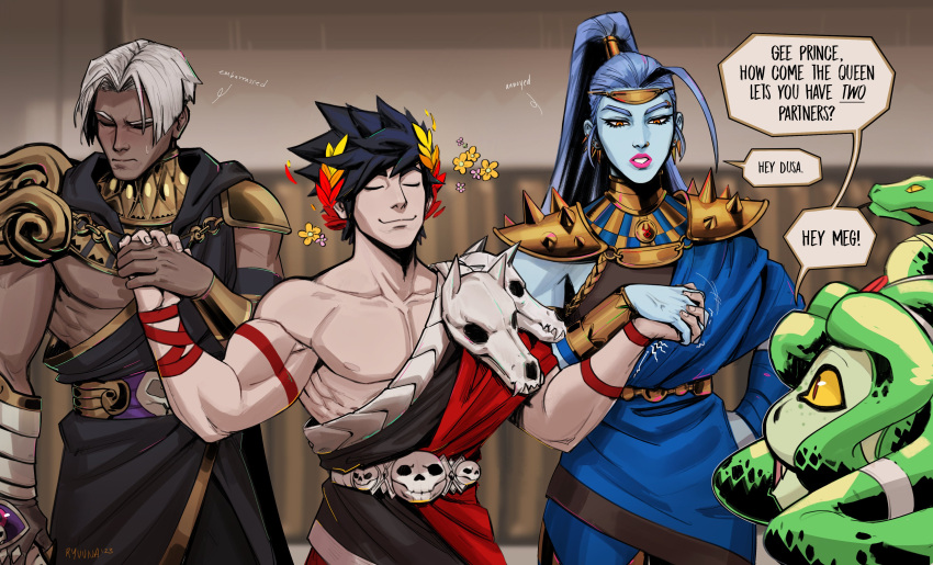 2boys, 2girls, absurdres, ancient_greek_clothes, bisexual_male, black_hair, blue_hair, blue_skin, closed_eyes, colored_skin, dark-skinned_male, dark_skin, dusa_(hades), english_text, flower, gee_bill!_(meme), gorget, grace_kim_(ryuuna), greco-roman_clothes, green_skin, hades_(series), hades_1, hetero, highres, holding_hands, interlocked_fingers, laurel_crown, megaera_(hades), meme, multiple_boys, multiple_girls, pink_lips, ponytail, single_bare_shoulder, skull, smile, snake_hair, thanatos_(hades), white_hair, yaoi, yellow_eyes, zagreus_(hades)