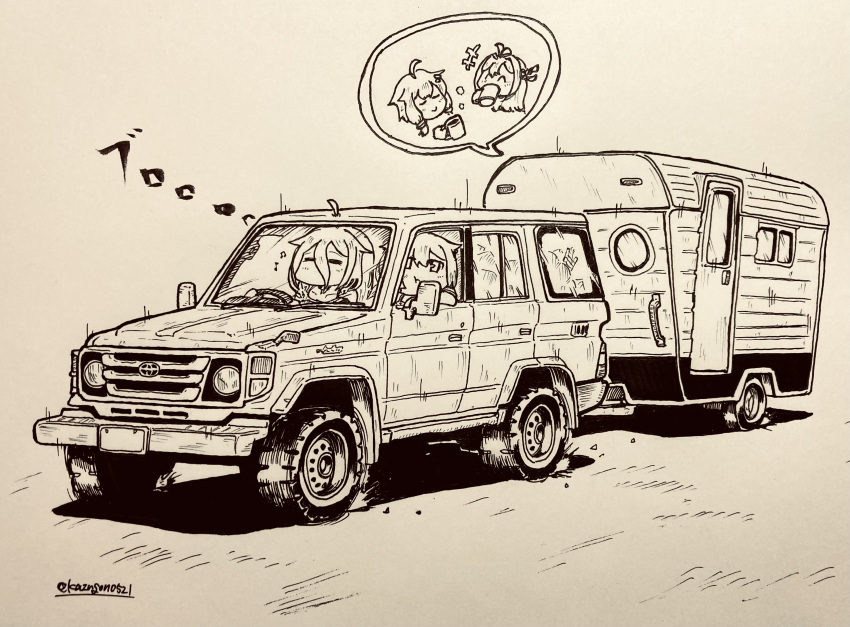 4girls, absurdres, ahoge, camper, car, cevio, closed_eyes, commentary