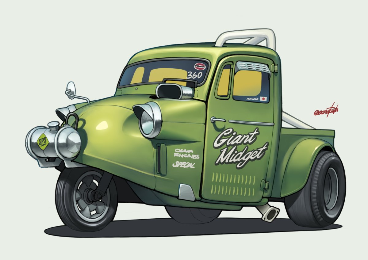 artist_name, commentary_request, daihatsu_midget, green_car, grey_background, nanatsuta, no_humans, original