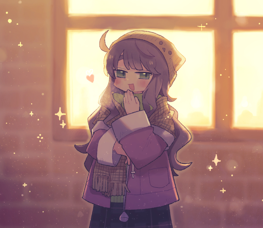 1boy, a.i._voice, ahoge, backlighting, beanie, black_skirt, bloom, blurry, blurry_background, blush, brown_hair, brown_headwear, brown_shawl, coat, commentary_request, cowboy_shot, green_eyes, green_sweater, half-closed_eyes, hand_to_own_mouth, hand_up, hat, heart, kurita_maron, light_particles, long_hair, long_sleeves, looking_at_viewer, niconico, off_shoulder, open_clothes, open_coat, open_mouth, otoko_no_ko, plaid_shawl, purple_coat, raised_eyebrows, shawl, skirt, smile, solo, sparkle, sweater, t705gp, wavy_hair, window