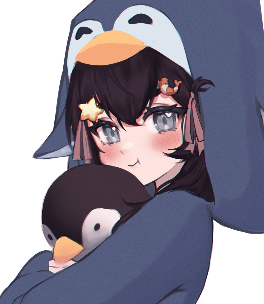 1girl, absurdres, animal_hood, bird, black_hair, blue_hoodie, blush, from_side