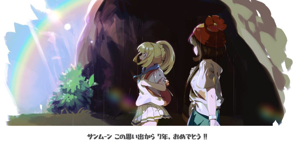2girls, backpack, bag, beanie, blonde_hair, bracelet, brown_hair, bush