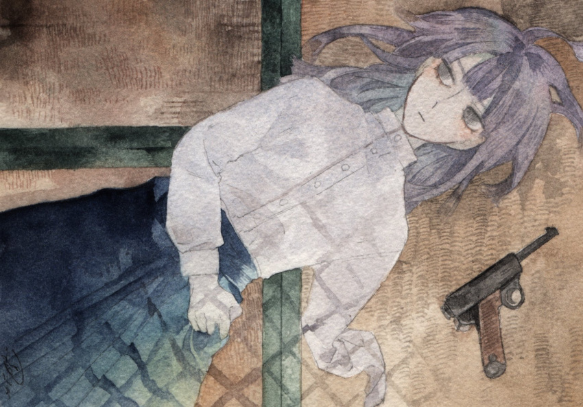 1girl, amputee, black_eyes, blue_skirt, buttons, closed_mouth, grey_hair, gun