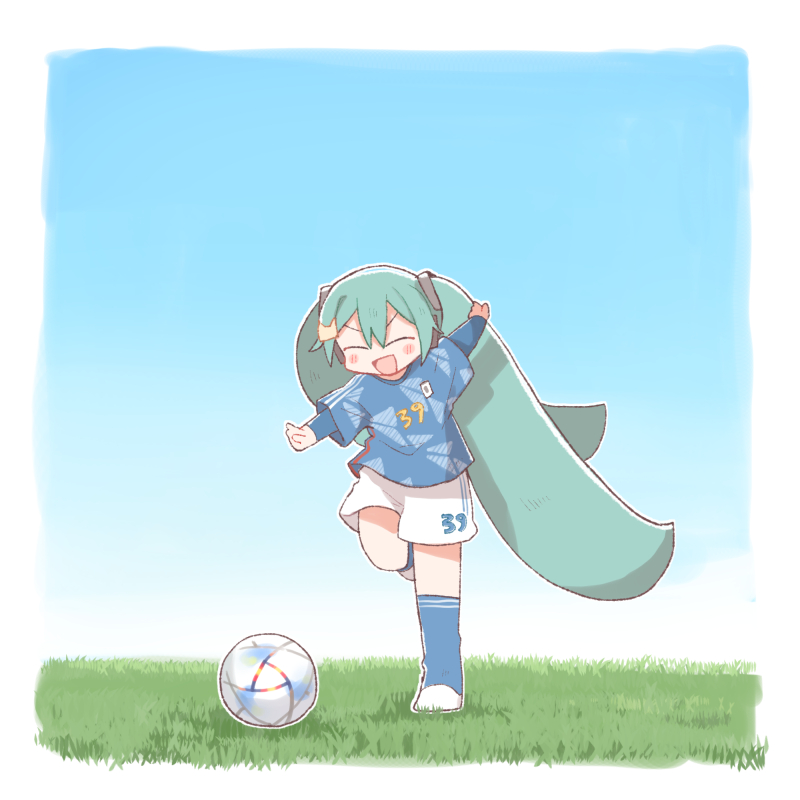 1girl, 39, ball, blue_hair, blue_shirt, blue_sky, blue_socks, blush_stickers, border, cat_hair_ornament, closed_eyes, commentary_request, facing_viewer, field, full_body, hair_ornament, hatsune_miku, kicking, layered_sleeves, long_hair, long_sleeves, open_mouth, outdoors, outline, outstretched_arms, shirt, short_over_long_sleeves, short_sleeves, shorts, sky, smile, soccer, soccer_ball, soccer_uniform, socks, solo, sportswear, spread_arms, standing, standing_on_one_leg, t705gp, twintails, v-shaped_eyebrows, very_long_hair, vocaloid, white_border, white_outline, white_shorts