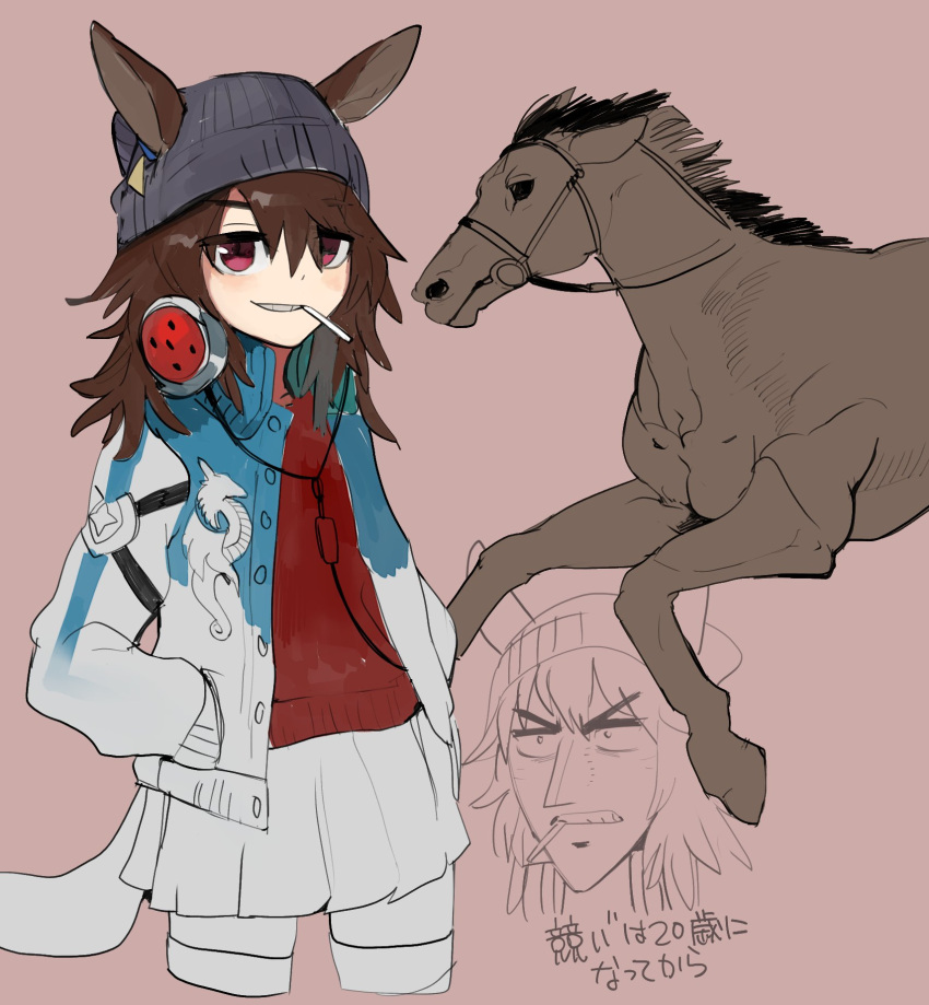1girl, animal_ears, beanie, blue_jacket, brown_hair, cigarette, commentary_request, cowboy_shot, creature_and_personification, cropped_legs, ears_through_headwear, fukumoto_nobuyuki_(style), grey_headwear, grin, hair_between_eyes, hat, headphones, headphones_around_neck, highres, horse, horse_ears, horse_girl, jacket, kaiji, long_bangs, long_hair, looking_at_viewer, messy_hair, nakayama_festa_(racehorse), nakayama_festa_(umamusume), parody, partially_colored, pink_background, raichiyo, real_life, red_eyes, simple_background, sketch, skirt, smile, smoking, style_parody, translation_request, umamusume, white_jacket, white_skirt