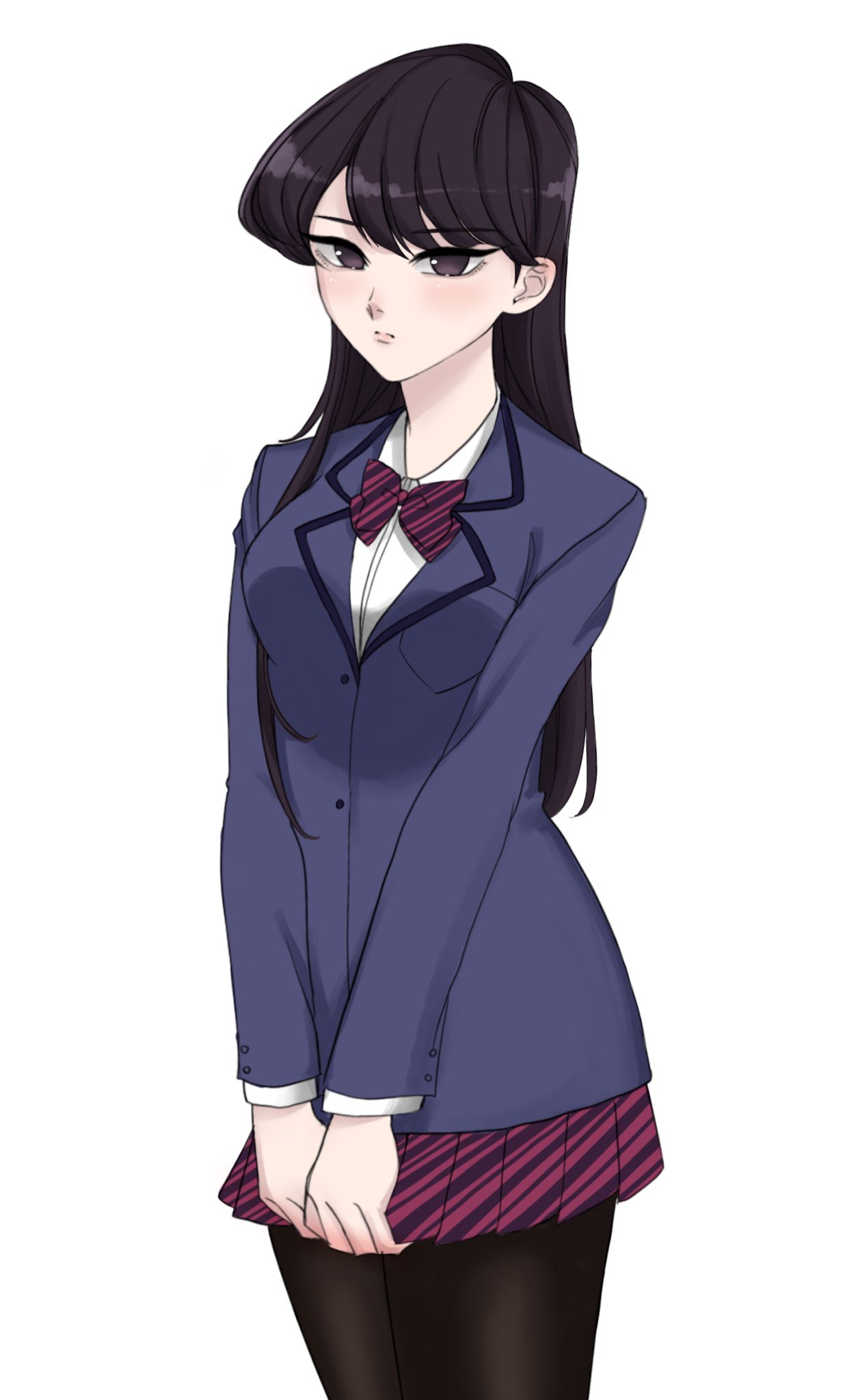 1girl, black_eyes, black_hair, black_pantyhose, blue_jacket, bow, bowtie, breasts