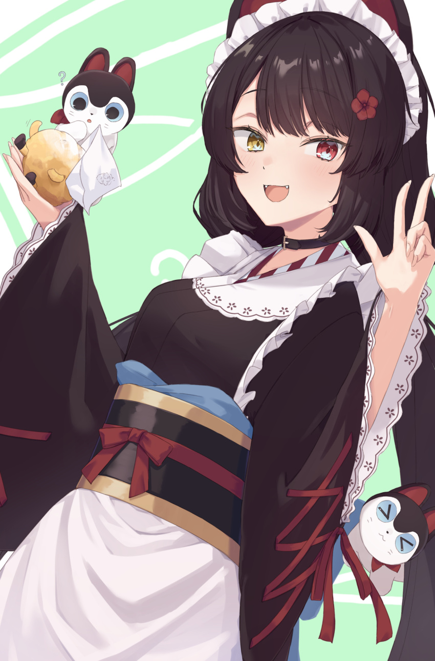 1girl, absurdres, animal_ears, apron, black_choker, black_hair, black_kimono, chloette, choker, commentary_request, fangs, flower, hair_flower, hair_ornament, heterochromia, highres, inui_toko, japanese_clothes, kimono, long_hair, long_sleeves, low_twintails, maid, maid_headdress, nijisanji, obi, obiage, obijime, open_mouth, partial_commentary, red_eyes, sash, smile, solo, twintails, upper_body, very_long_hair, virtual_youtuber, wa_maid, waist_apron, white_apron, wide_sleeves, yellow_eyes