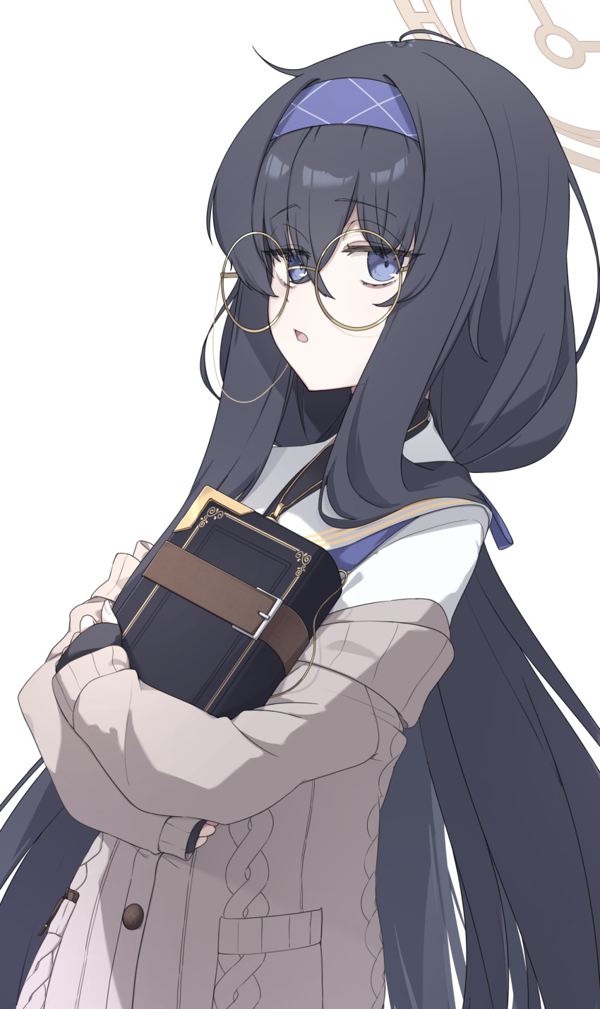 bags_under_eyes, black_hair, black_sweater, blue_archive, blue_eyes, blue_hairband, blue_ribbon, book