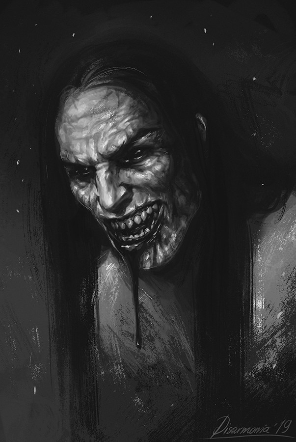 black_hair, black_sclera, blood, blood_from_mouth, blood_on_face, colored_sclera, dripping_blood, evil_grin