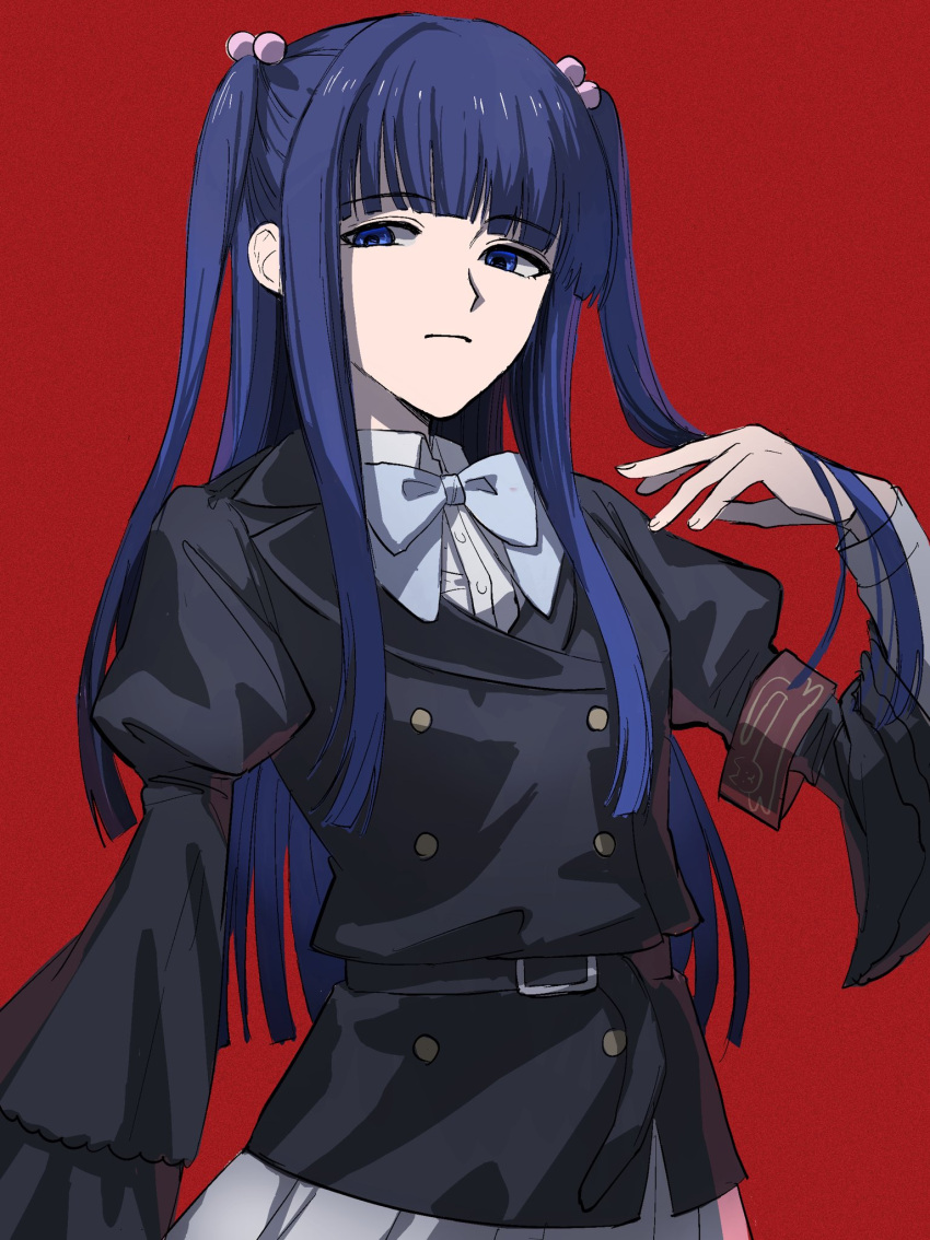 1girl, blue_bow, blue_bowtie, blue_eyes, blue_hair, blunt_bangs, bow, bowtie