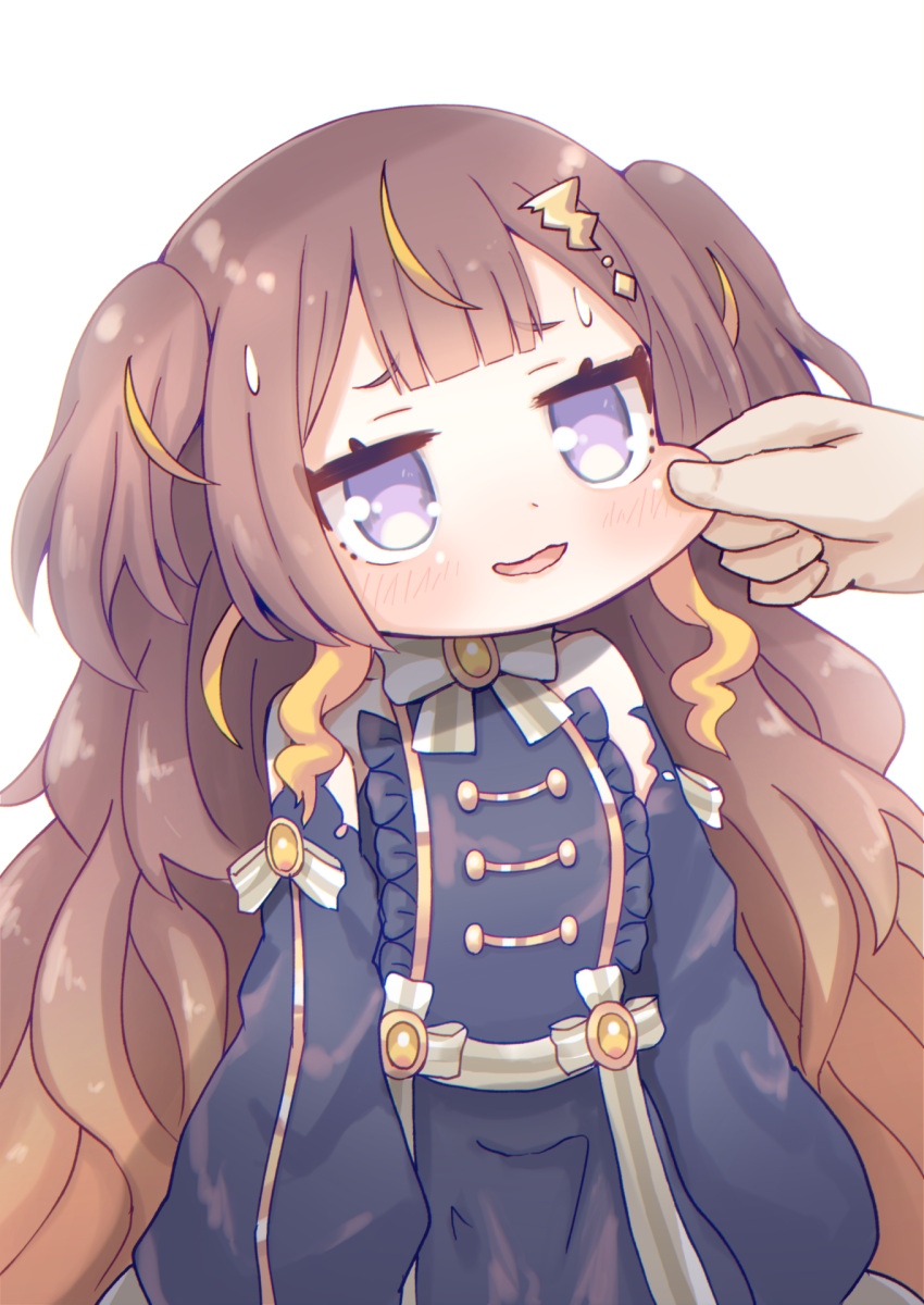 1girl, anya_melfissa, anya_melfissa_(1st_costume), black_dress, brown_hair, cheek_pinching, detached_sleeves, dress