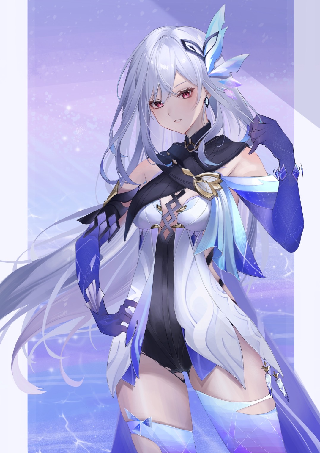 1girl, artist_request, breasts, butterfly_hair_ornament, cowboy_shot, detached_sleeves, genshin_impact, gradient_gloves