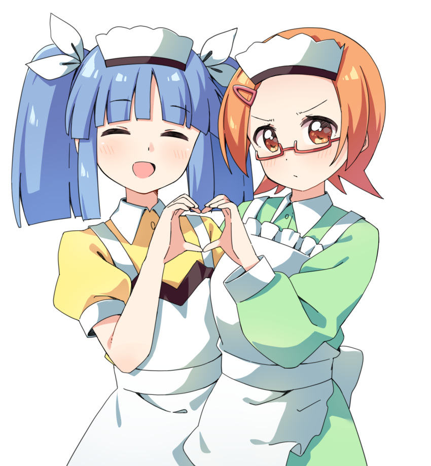 2girls, apron, blue_hair, blunt_bangs, blush, brown_eyes, closed_eyes, commission