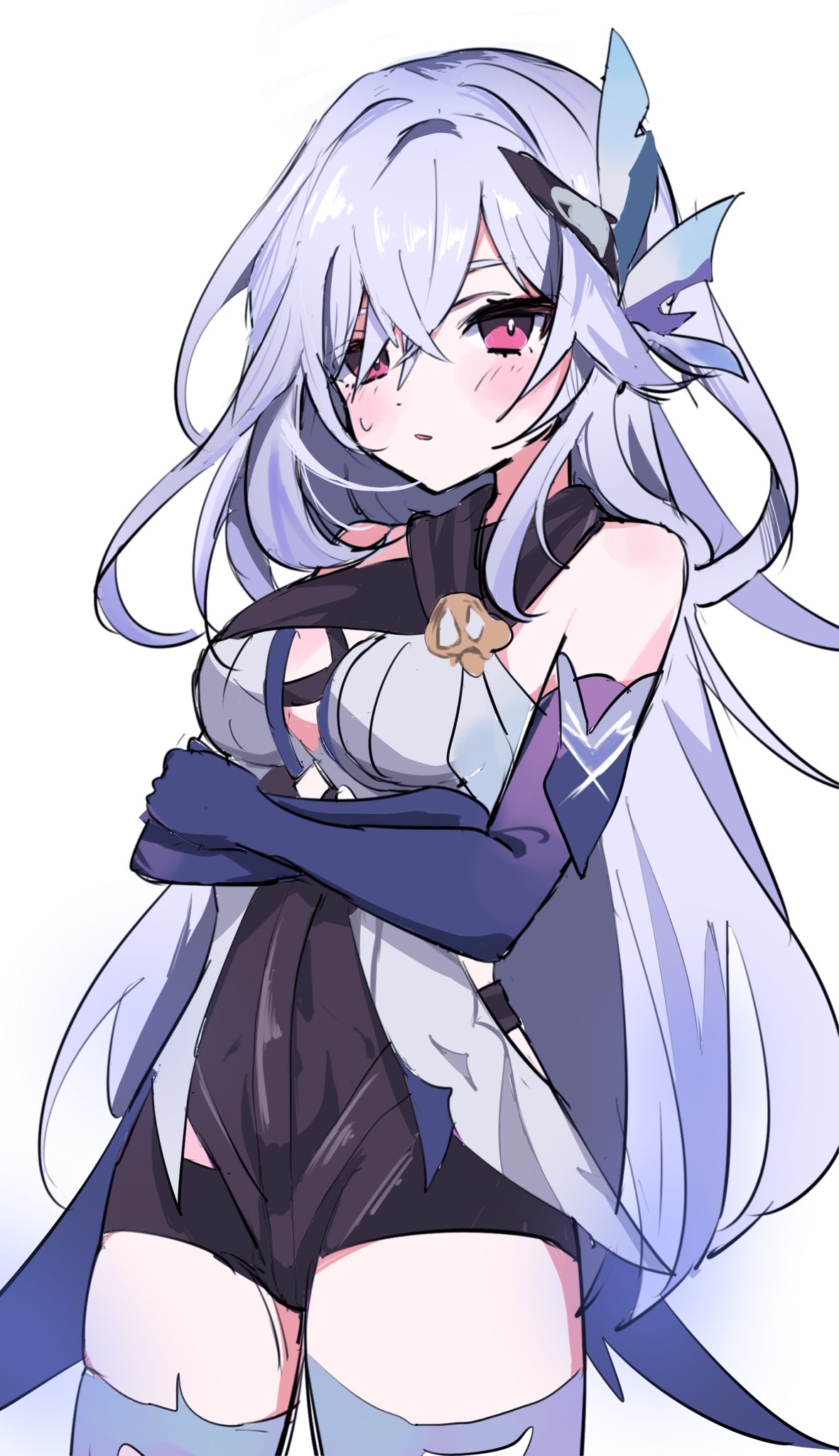 1girl, artist_request, back_fin, bare_shoulders, blush, breasts, butterfly_hair_ornament, cowboy_shot