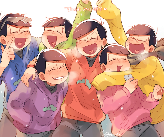 2016, 6+boys, :3, :d, ^_^, arm_around_shoulder, arm_up, artist_name
