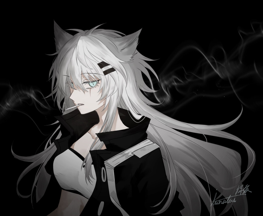 1girl, animal_ear_fluff, animal_ears, aqua_eyes, arknights, artist_name, bandeau, black_background