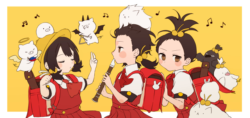 3girls, akikuriii, alternate_hairstyle, animal_on_head, ascot, backpack, bag, bag_charm
