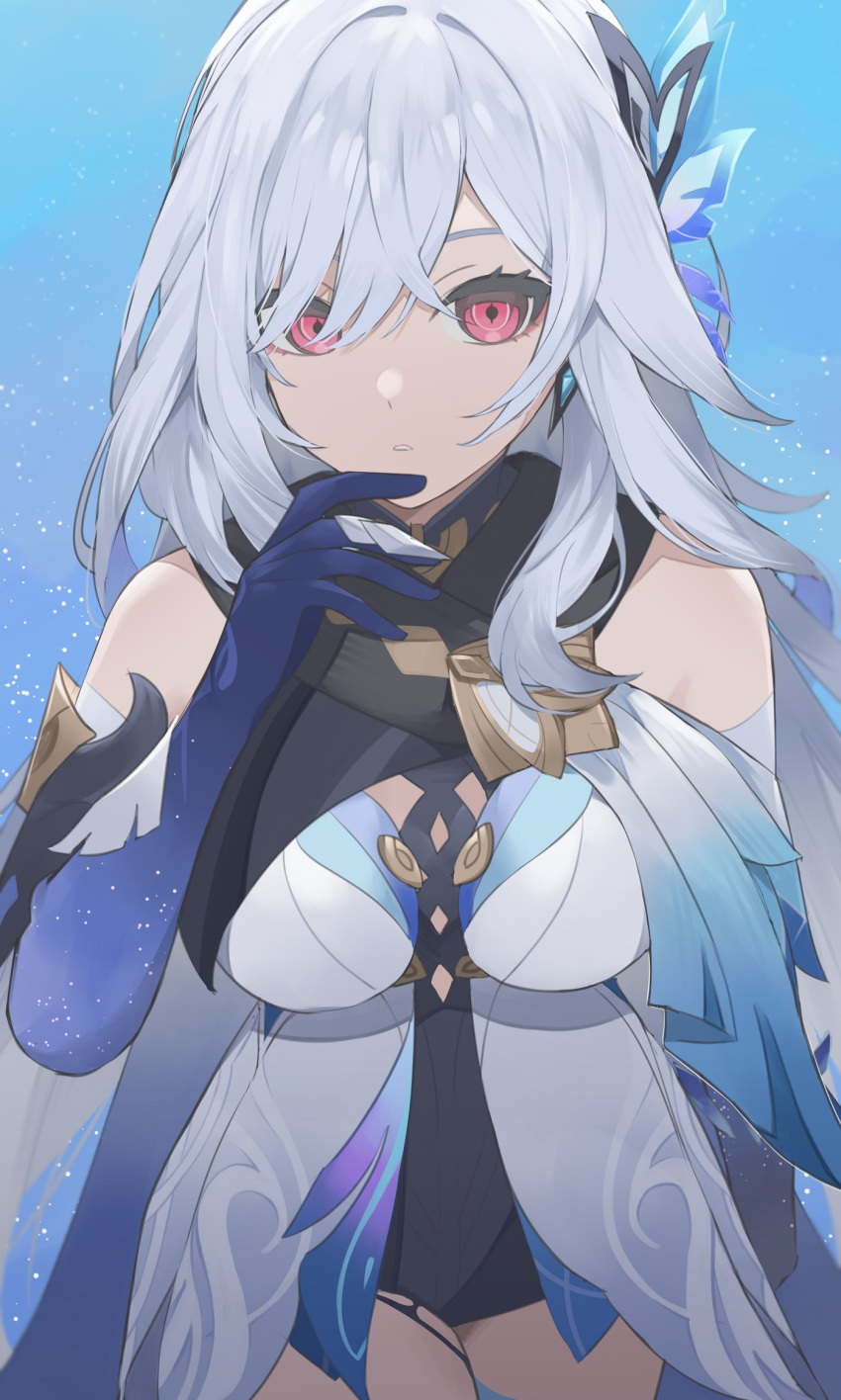 1girl, back_fin, bare_shoulders, breasts, butterfly_hair_ornament, cowboy_shot, elbow_gloves, expressionless