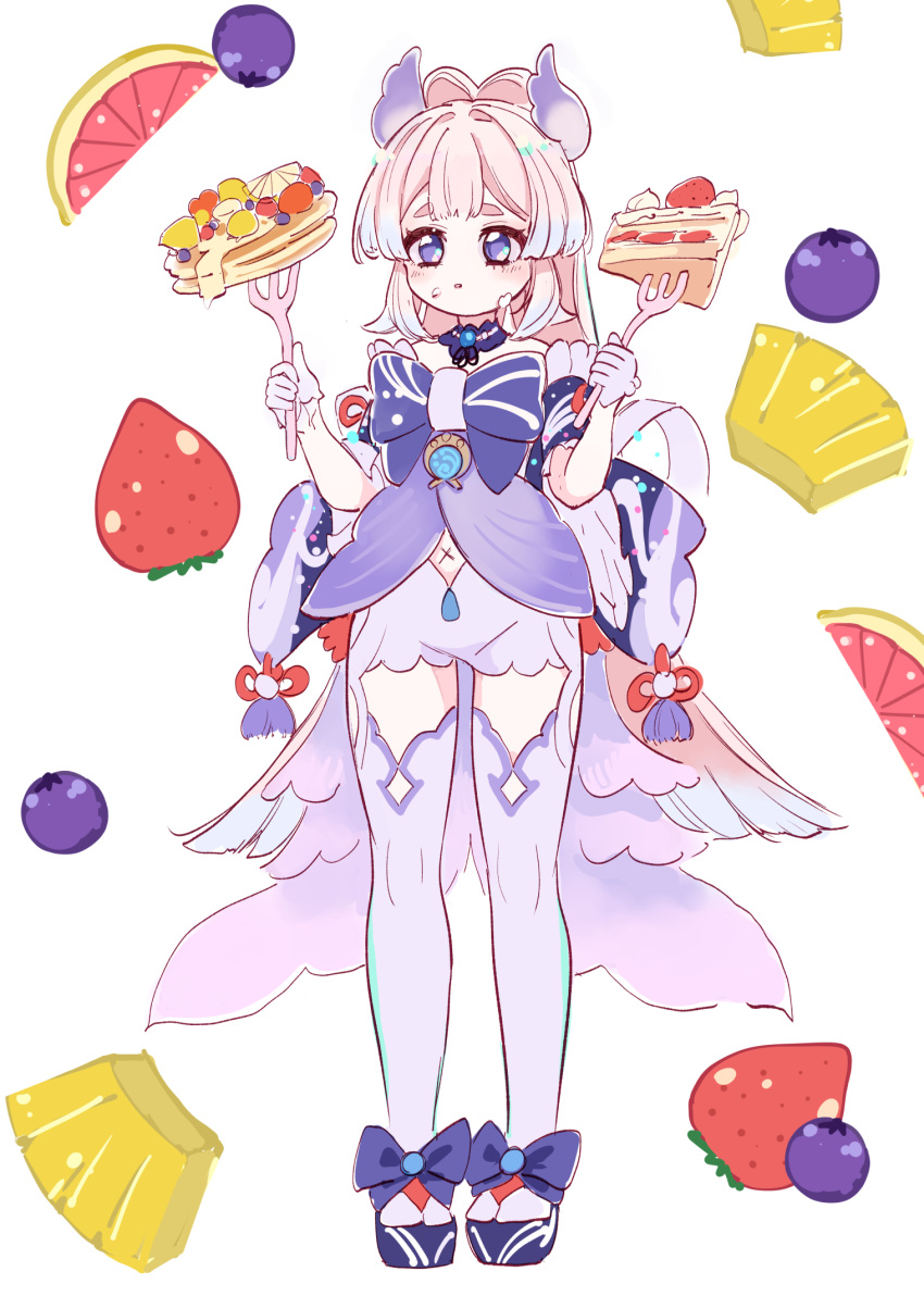 1girl, berry, blueberry, cake, detached_sleeves, food, fork, fruit