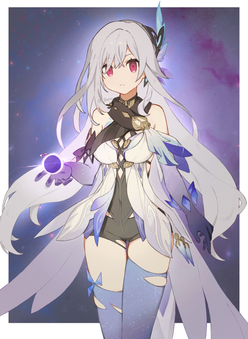 1girl, back_fin, bare_shoulders, breasts, butterfly_hair_ornament, closed_mouth, cowboy_shot, dress