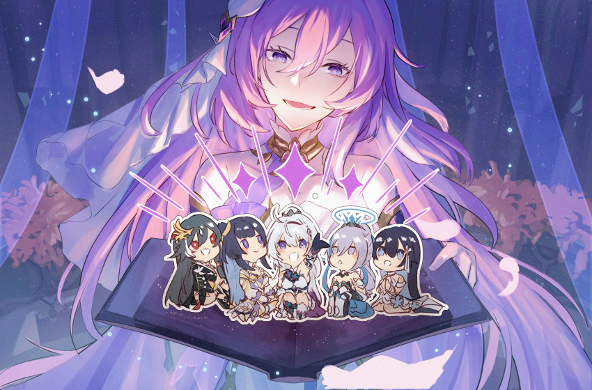 6+girls, :d, ahoge, arm_up, armor, book, bronya_zaychik, bronya_zaychik_(herrscher_of_truth)