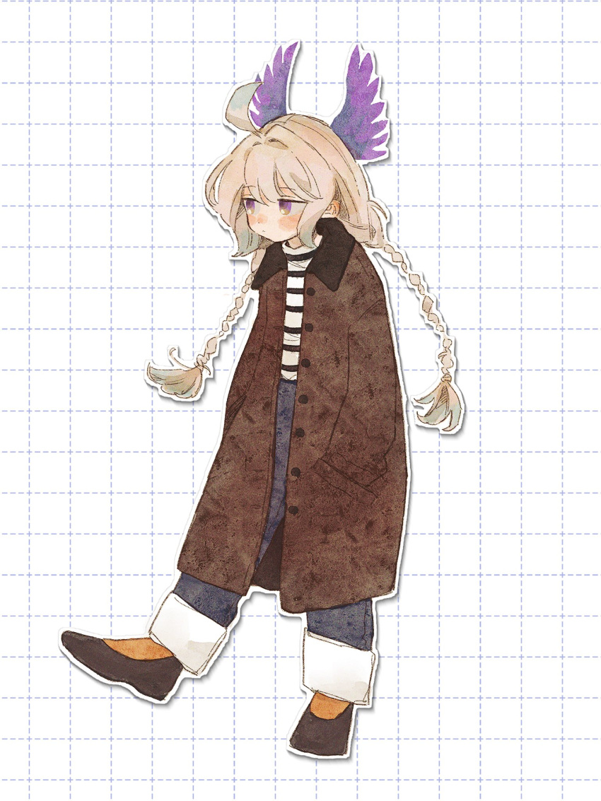 1girl, ahoge, blonde_hair, blush, braid, coat, english_commentary, enna_alouette