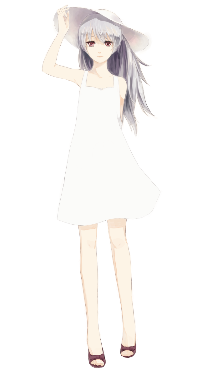 arm_behind_back, darker_than_black, dress, hand_on_hat, hat, highres, kuromu_(artist), long_hair, red_eyes, shoes, simple_background, solo, standing, sun_hat, sundress, yin