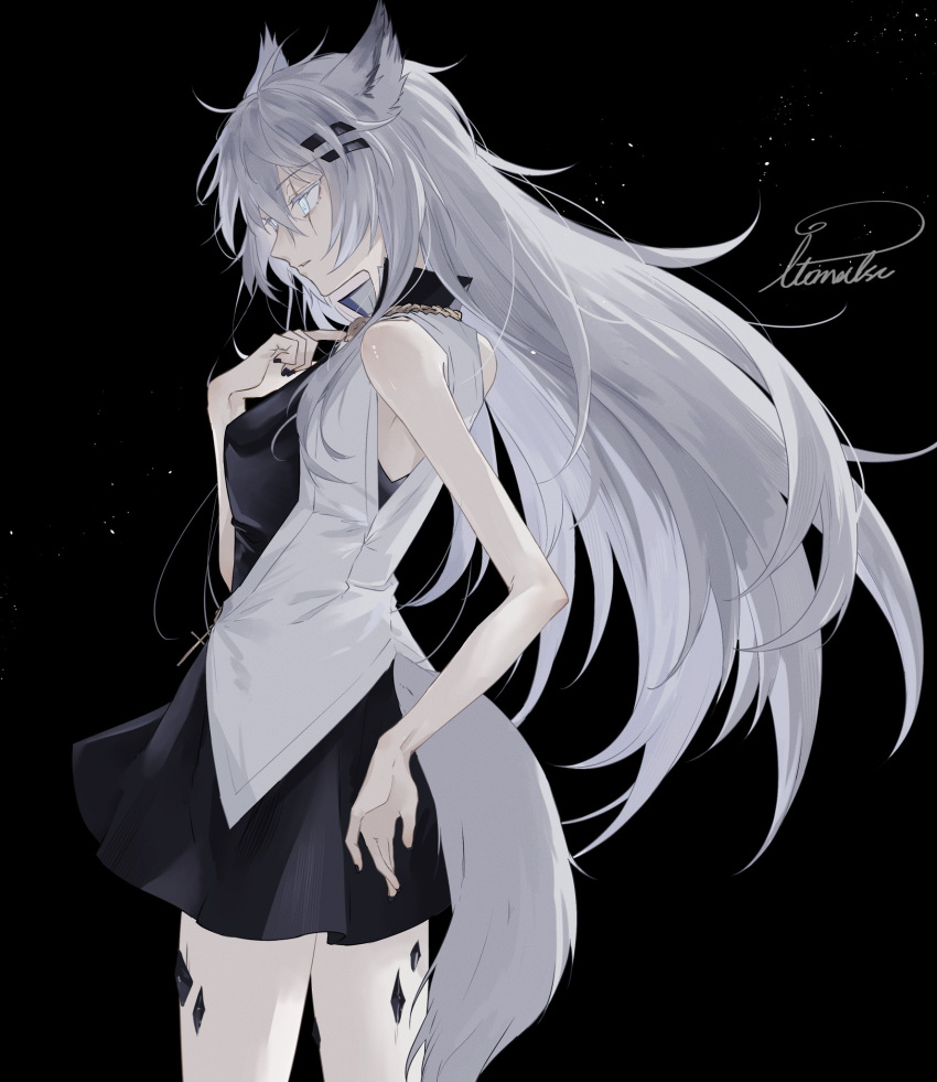 1girl, animal_ear_fluff, animal_ears, antenna_hair, arknights, armpit_crease, artist_name, bare_arms