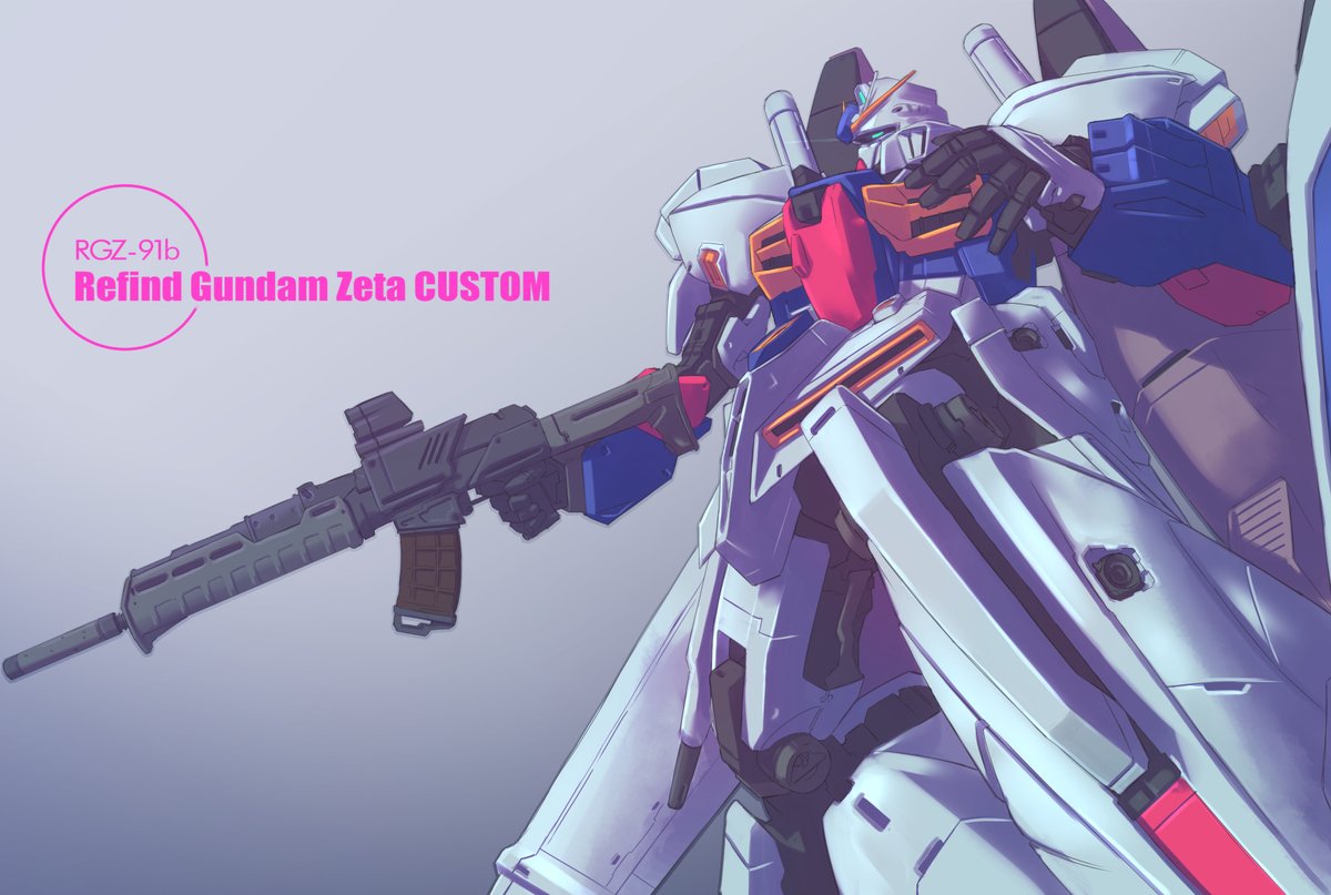assault_rifle, char's_counterattack, character_name, commentary_request, concept_art, gradient_background, gun, gundam, machinery, mecha, mecha_focus, mobile_suit, nenchi, no_humans, re-gz_custom, rifle, robot, science_fiction, suppressor, weapon