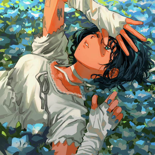 1girl, aqua_eyes, arm_tattoo, black_hair, blue_flower, blue_nails, butterfly_tattoo, choker