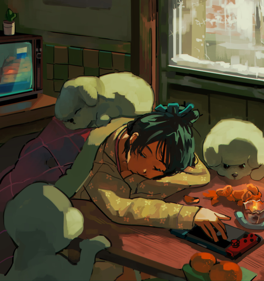 1girl, black_hair, blanket, closed_eyes, commentary_request, food, fruit, hair_ornament