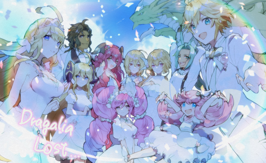 4boys, 6+girls, ahoge, alex_(dragalia_lost), animal_ears, bare_shoulders, blonde_hair, blue_eyes