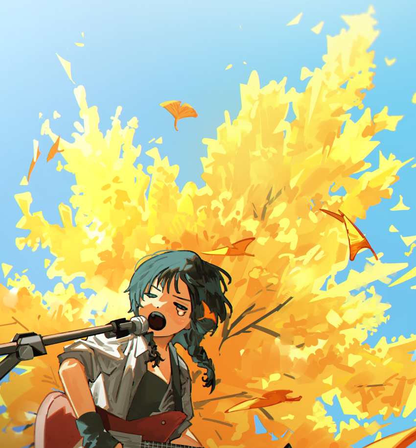 1girl, black_gloves, black_hair, black_shirt, blue_sky, braid, closed_eyes, collared_shirt