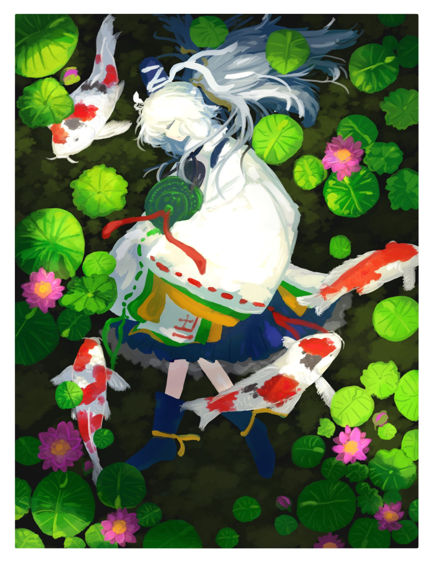 1girl, black_ribbon, blue_footwear, blue_headwear, blue_skirt, boots, border, closed_eyes