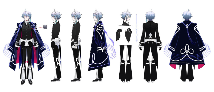 1boy, black_bow, black_bowtie, black_cape, black_gloves, black_suit, blue_hair, bow
