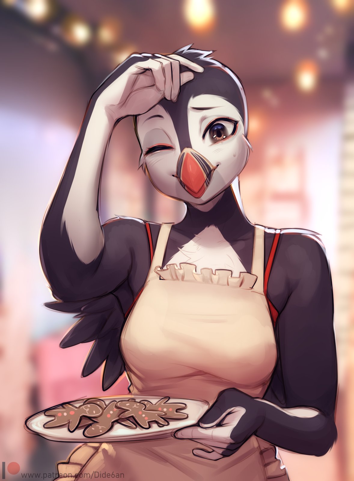 1girl, apron, arm_up, artist_name, beak, bird, bird_girl, black_feathers