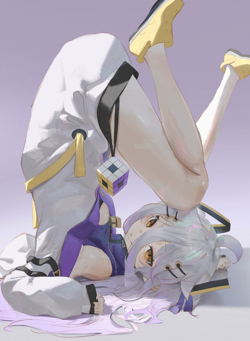 1girl, absurdres, ahoge, cleavage_cutout, clothing_cutout, crocs, cube, feet_up