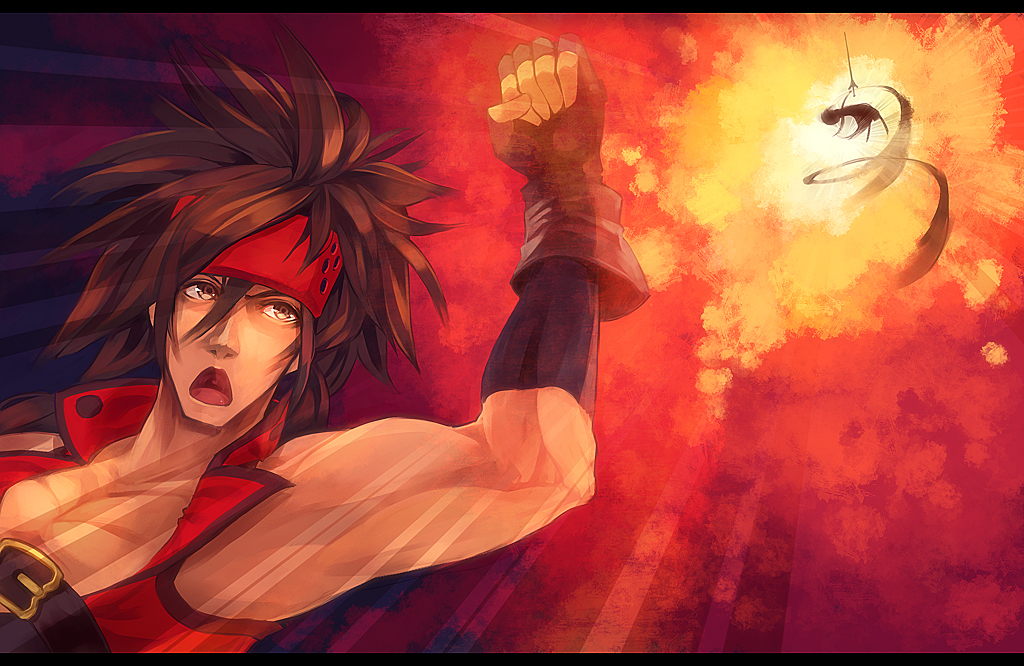 brown_hair, guilty_gear, headband, ky_kiske, long_hair, male, open_mouth, parody, punching, silhouette, sol_badguy, ukyo_rst, uppercut, volcanic_viper