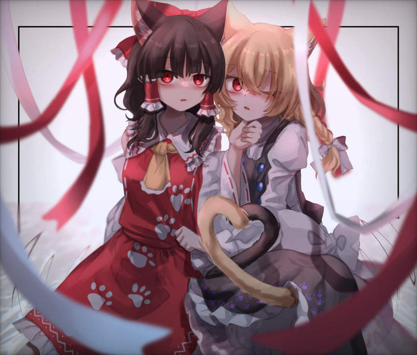 2girls, animal_ears, ascot, back_bow, black_skirt, black_vest, blonde_hair, blush