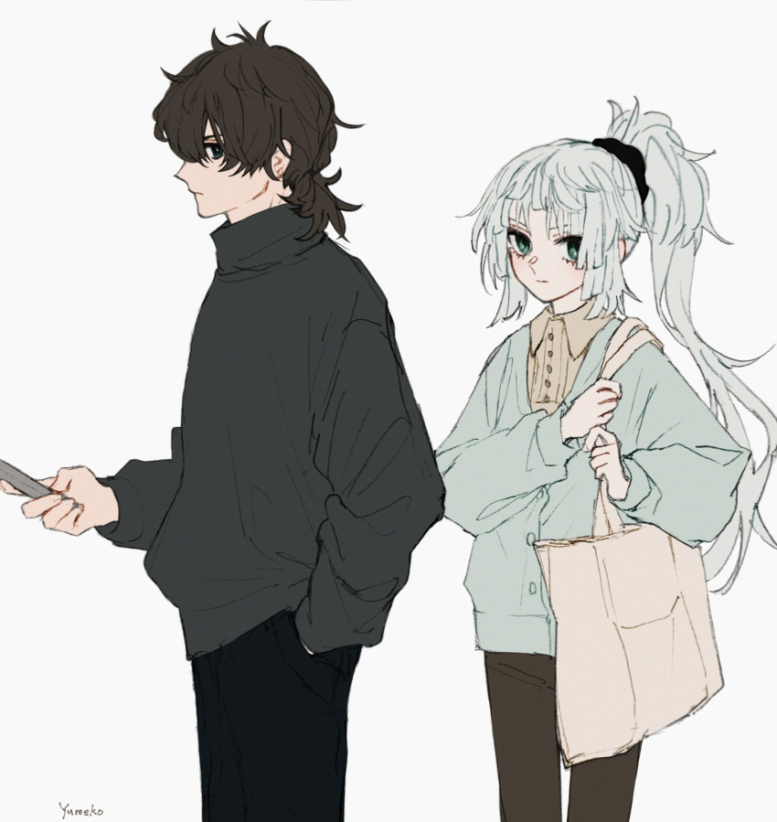 1boy, 1girl, alternate_costume, aqua_sweater, bag, black_eyes, black_hair, black_pants