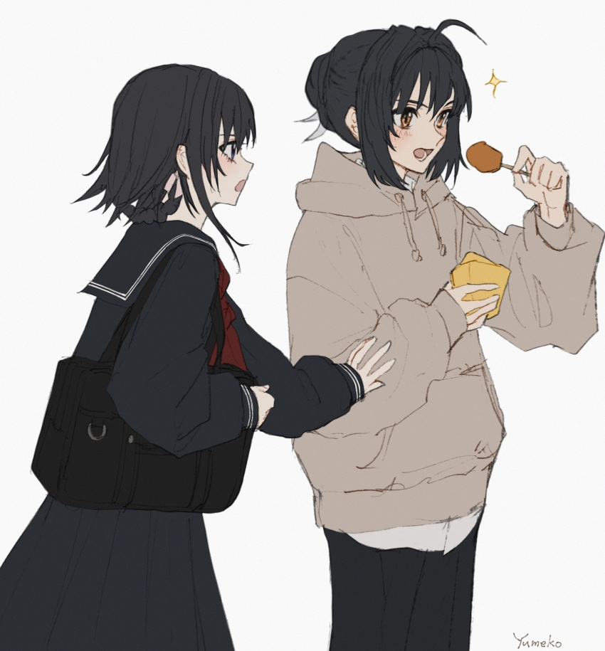 1girl, 1other, ahoge, alternate_costume, ambiguous_gender, androgynous, bag, black_bag