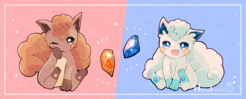 alolan_vulpix, animal_focus, artist_name, blue_background, blue_eyes, border, brown_fur, commentary_request