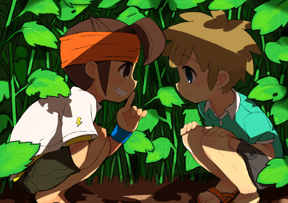 brown_hair, cargo_pants, caterpillar_(artist), endou_mamoru, grin, headband, inazuma_eleven, leaf
